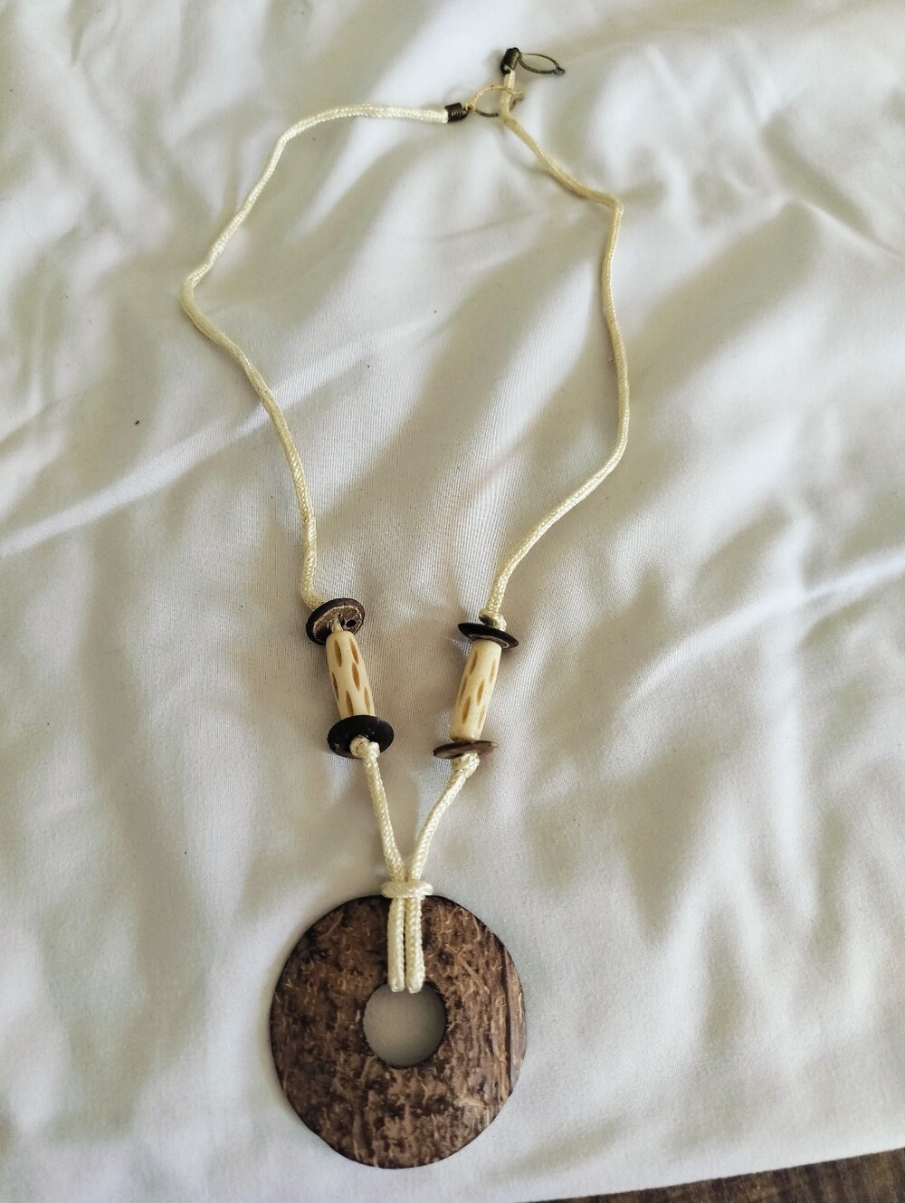 Vintage Boho Coconut Shell & Carved Natural Material Pendant Necklace India